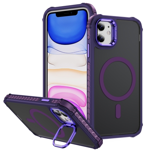 

For iPhone 11 Rainbow Series Skin Feel MagSafe Lens Holder Phone Case(Dark Purple)