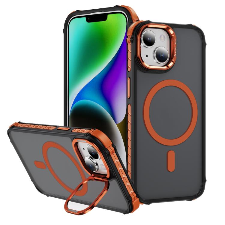 

For iPhone 15 Rainbow Series Skin Feel MagSafe Lens Holder Phone Case(Orange)
