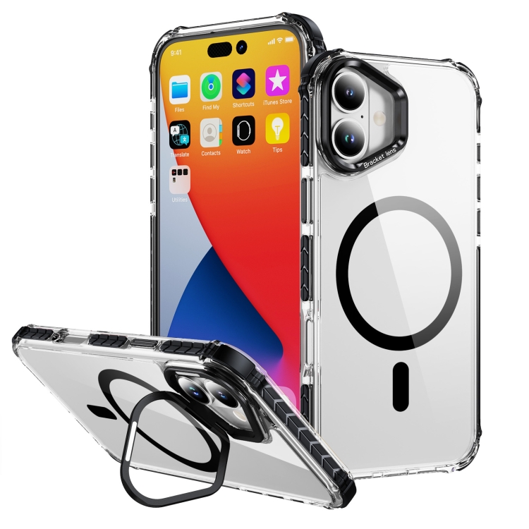 

For iPhone 16 Plus Rainbow Series Transparent MagSafe Lens Holder Phone Case(Black)