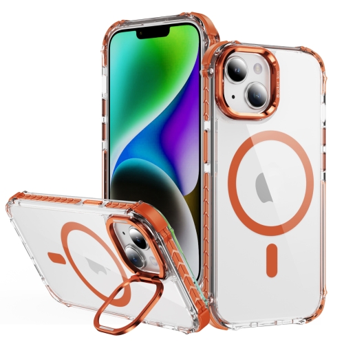 

For iPhone 15 Plus Rainbow Series Transparent MagSafe Lens Holder Phone Case(Orange)