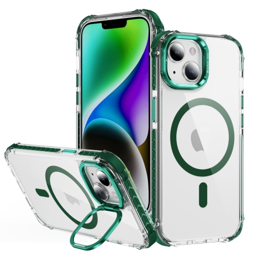 

For iPhone 14 Plus Rainbow Series Transparent MagSafe Lens Holder Phone Case(Green)