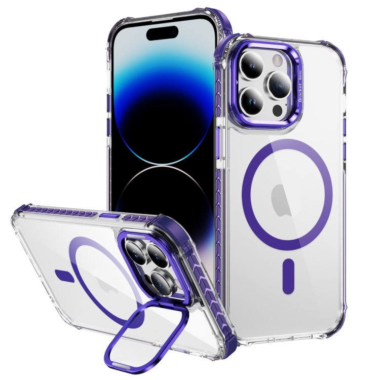 

For iPhone 14 Pro Rainbow Series Transparent MagSafe Lens Holder Phone Case(Purple)