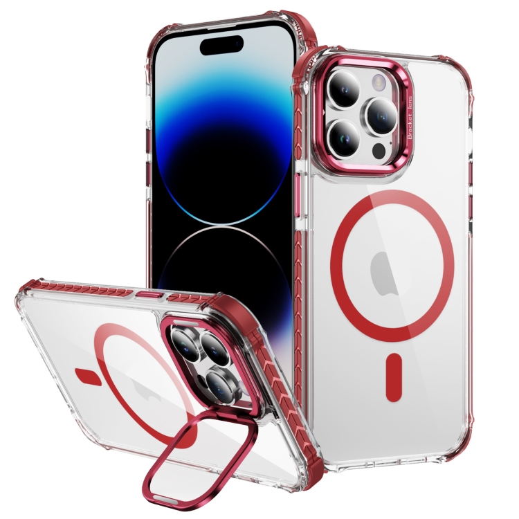 

For iPhone 14 Pro Max Rainbow Series Transparent MagSafe Lens Holder Phone Case(Red)