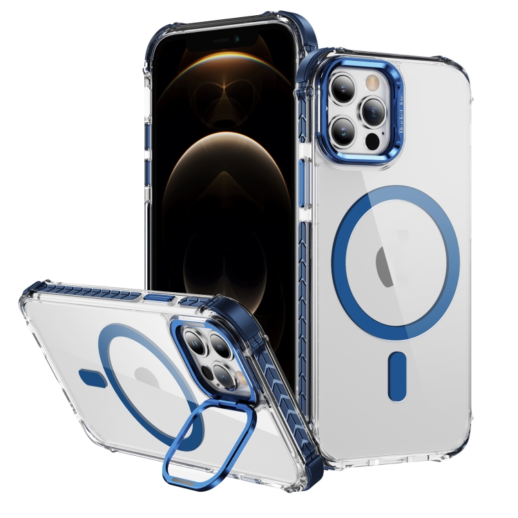 

For iPhone 12 Pro Max Rainbow Series Transparent MagSafe Lens Holder Phone Case(Blue)