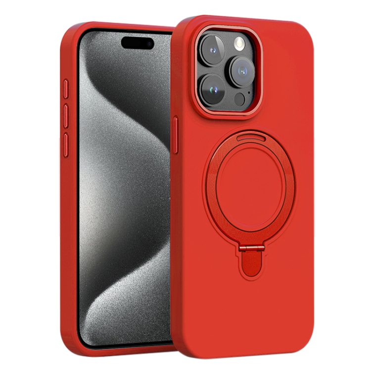

For iPhone 15 Pro Max Liquid Silicone MagSafe Metal Ring Holder Phone Case(Red)