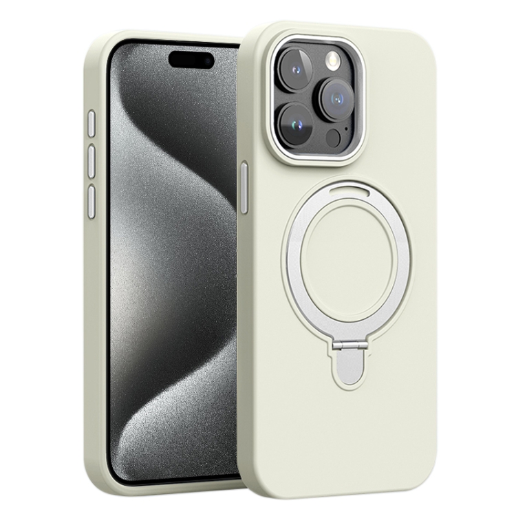 

For iPhone 15 Pro Liquid Silicone MagSafe Metal Ring Holder Phone Case(White)