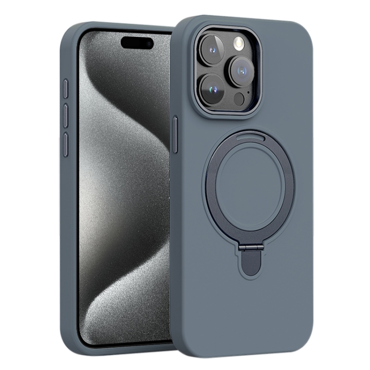 

For iPhone 15 Pro Liquid Silicone MagSafe Metal Ring Holder Phone Case(Grey)