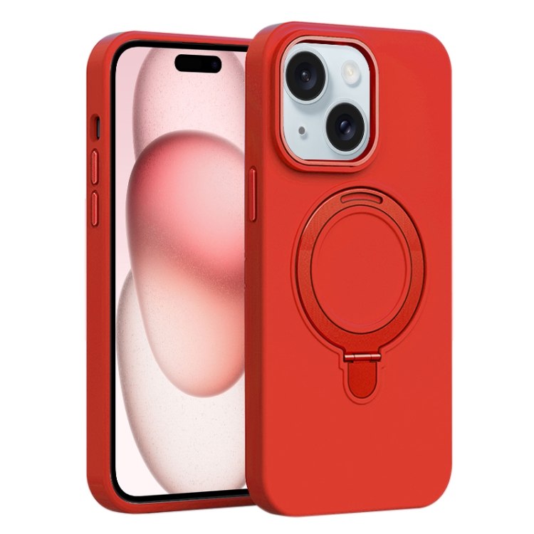

For iPhone 15 Plus Liquid Silicone MagSafe Metal Ring Holder Phone Case(Red)