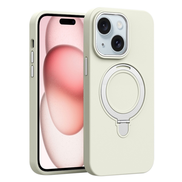 

For iPhone 15 Plus Liquid Silicone MagSafe Metal Ring Holder Phone Case(White)