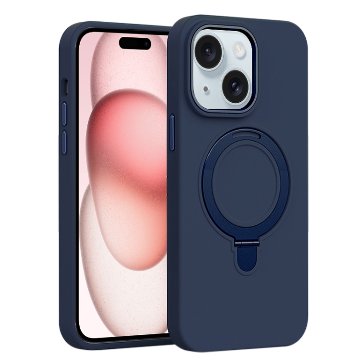 

For iPhone 15 Plus Liquid Silicone MagSafe Metal Ring Holder Phone Case(Midnight Blue)