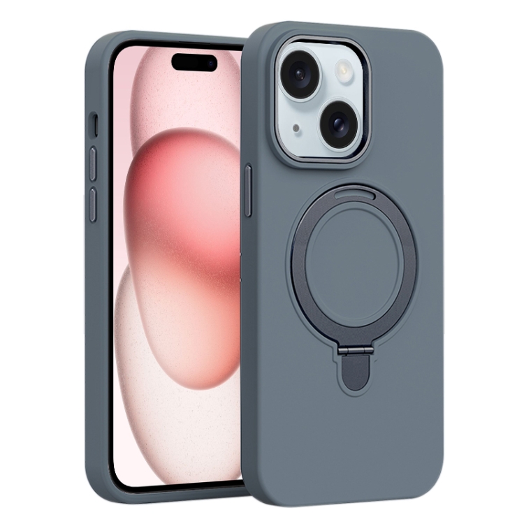 

For iPhone 15 Liquid Silicone MagSafe Metal Ring Holder Phone Case(Grey)