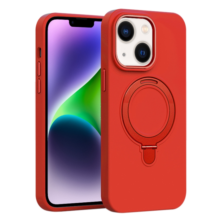 

For iPhone 14 Plus Liquid Silicone MagSafe Metal Ring Holder Phone Case(Red)