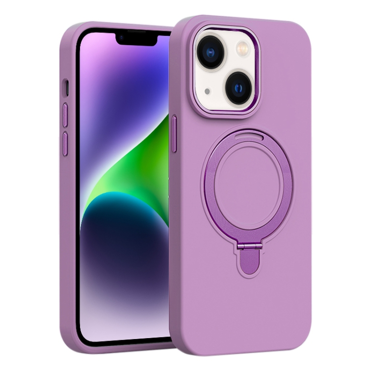 

For iPhone 14 Plus Liquid Silicone MagSafe Metal Ring Holder Phone Case(Purple)