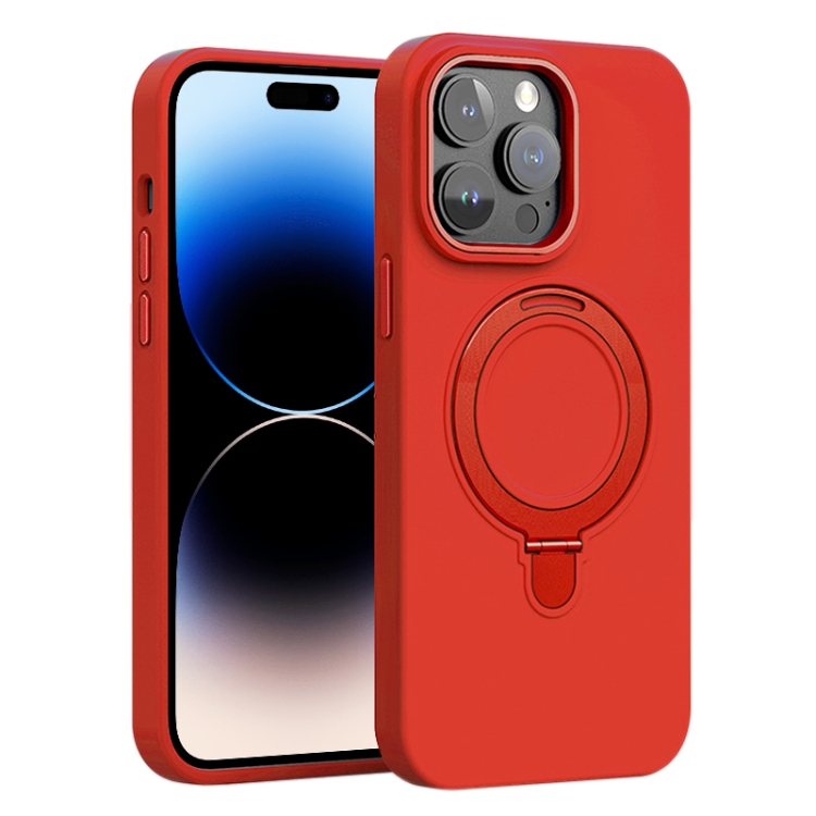 

For iPhone 14 Pro Liquid Silicone MagSafe Metal Ring Holder Phone Case(Red)