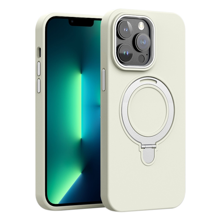 

For iPhone 13 Pro Max Liquid Silicone MagSafe Metal Ring Holder Phone Case(White)