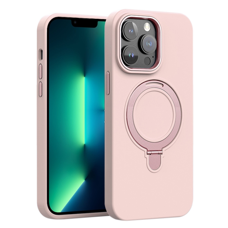 

For iPhone 13 Pro Max Liquid Silicone MagSafe Metal Ring Holder Phone Case(Sand Pink)
