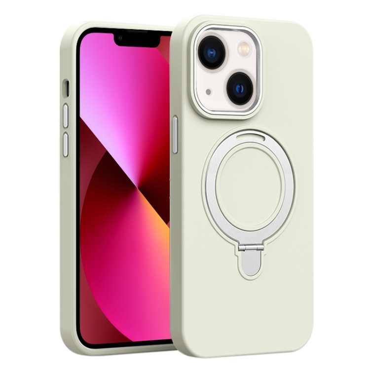 

For iPhone 13 Liquid Silicone MagSafe Metal Ring Holder Phone Case(White)