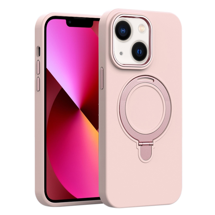 

For iPhone 13 Liquid Silicone MagSafe Metal Ring Holder Phone Case(Sand Pink)