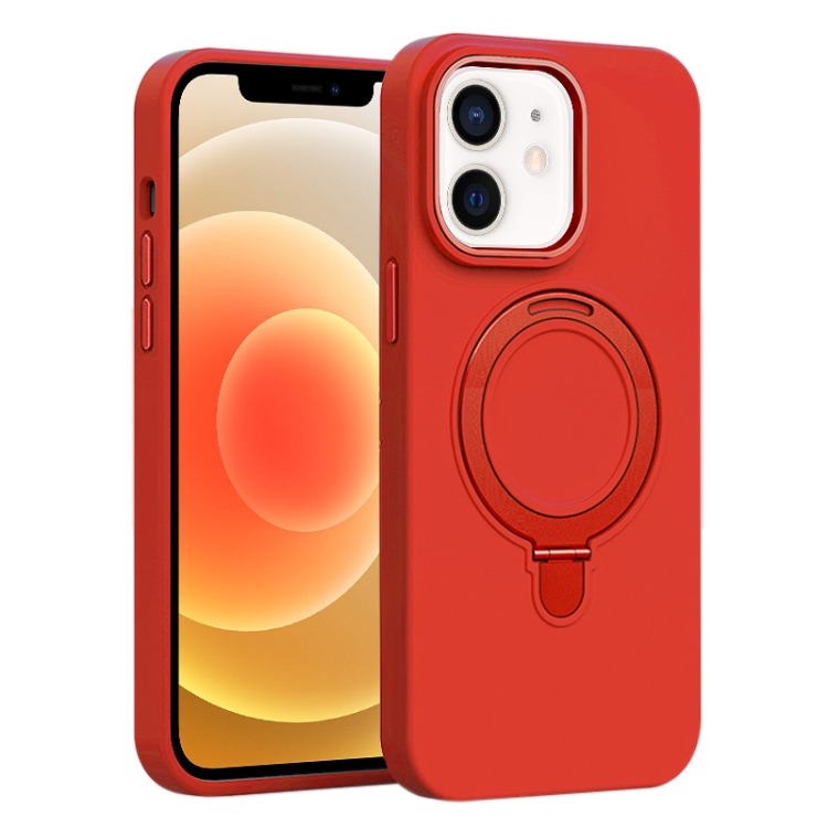 

For iPhone 12 Liquid Silicone MagSafe Metal Ring Holder Phone Case(Red)