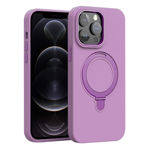 

For iPhone 12 Pro Liquid Silicone MagSafe Metal Ring Holder Phone Case(Purple)