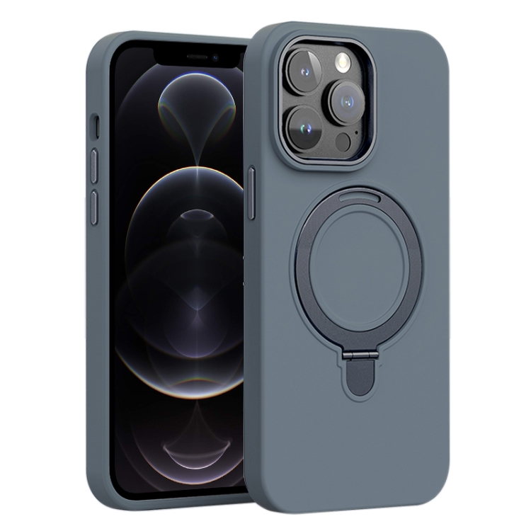 

For iPhone 12 Pro Liquid Silicone MagSafe Metal Ring Holder Phone Case(Grey)