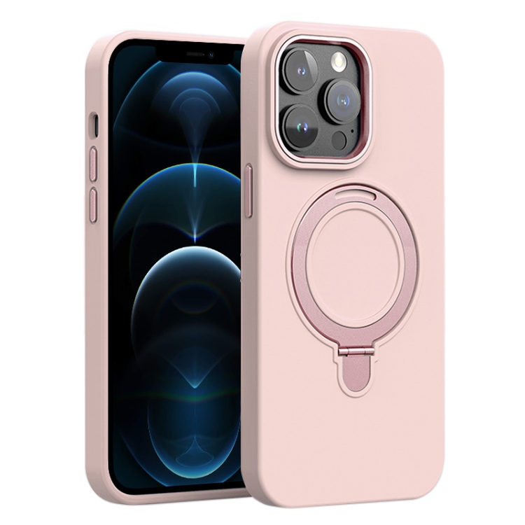 

For iPhone 12 Pro Max Liquid Silicone MagSafe Metal Ring Holder Phone Case(Sand Pink)