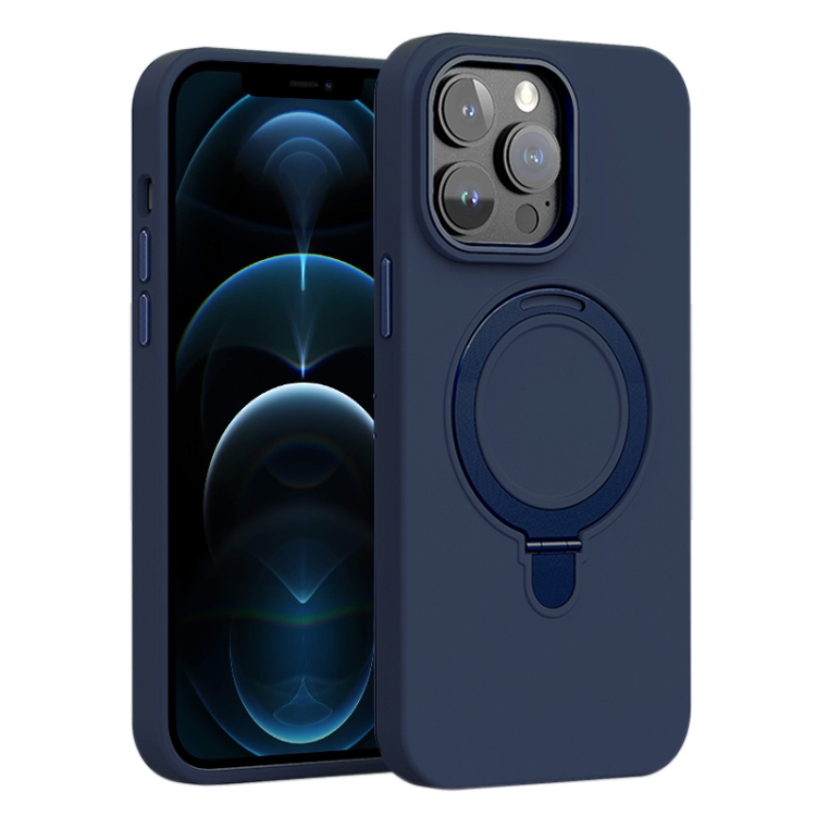 

For iPhone 12 Pro Max Liquid Silicone MagSafe Metal Ring Holder Phone Case(Midnight Blue)