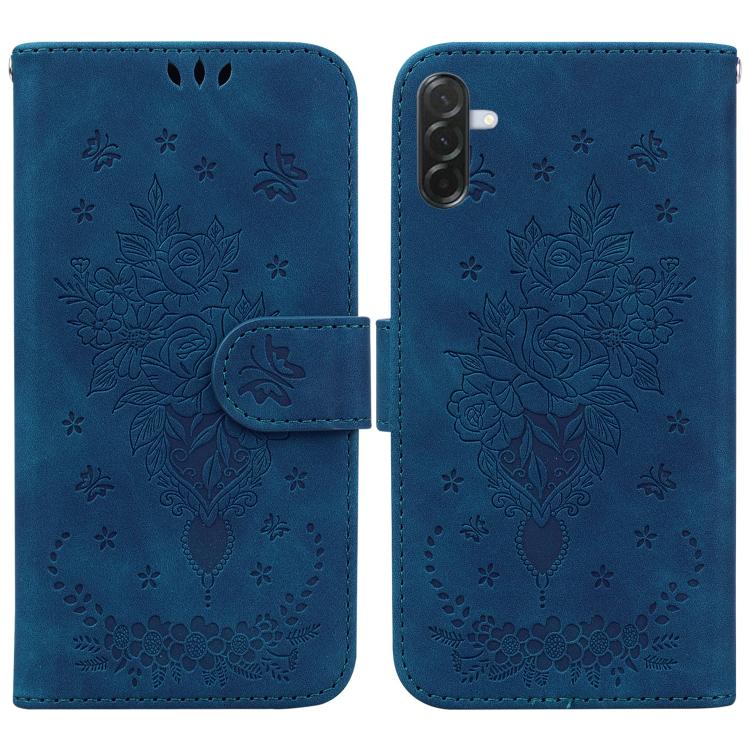 

For Samsung Galaxy A57 5G Butterfly Rose Embossed Leather Phone Case(Blue)
