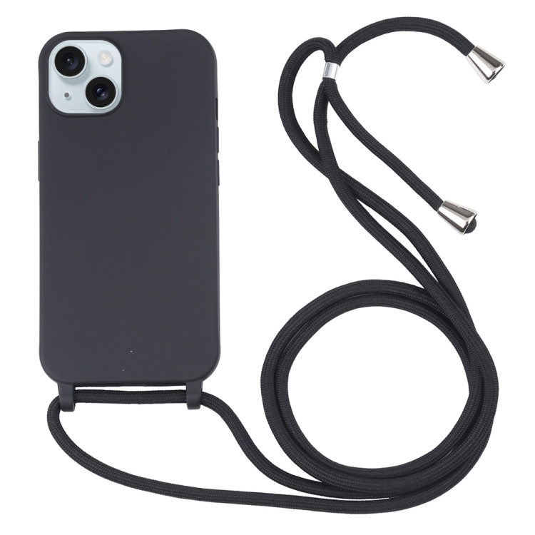 

For iPhone 15 Plus Candy Colors TPU Protective Phone Case with Lanyard(Black)