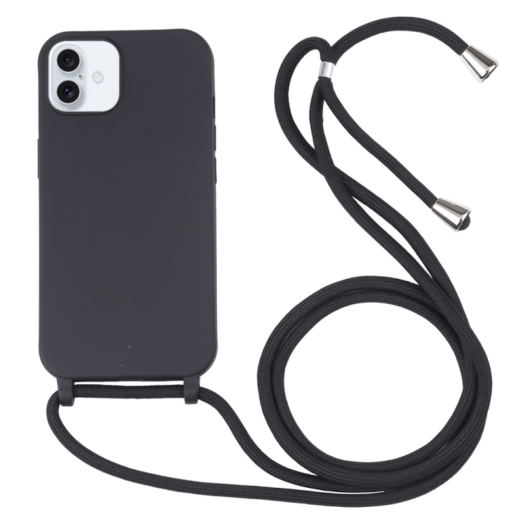 

For iPhone 16 Plus Candy Colors TPU Protective Phone Case with Lanyard(Black)