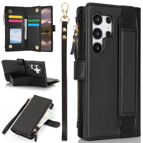 

For Samsung Galaxy S24 Ultra 5G Wristband Holder Zipper Purse RFID Leather Phone Case(Black)