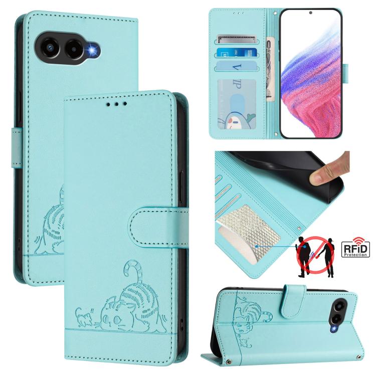 

For T-Mobile Revvl 8 Cat Rat Embossed RFID Leather Phone Case with Lanyard(Mint Green)