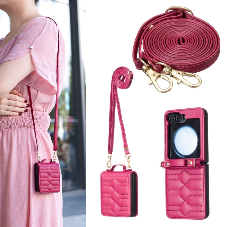 

For Samsung Galaxy Z Flip7 FE / Flip6 V-shaped Crossbody Lanyard Leather Phone Case(Rose Red)