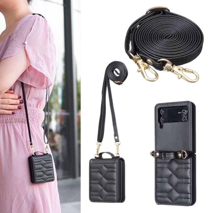 

For Samsung Galaxy Z Flip4 V-shaped Crossbody Lanyard Leather Phone Case(Black)