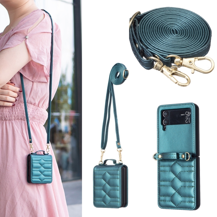 For Samsung Galaxy Z Flip3 V-shaped Crossbody Lanyard Leather Phone Case(Green)