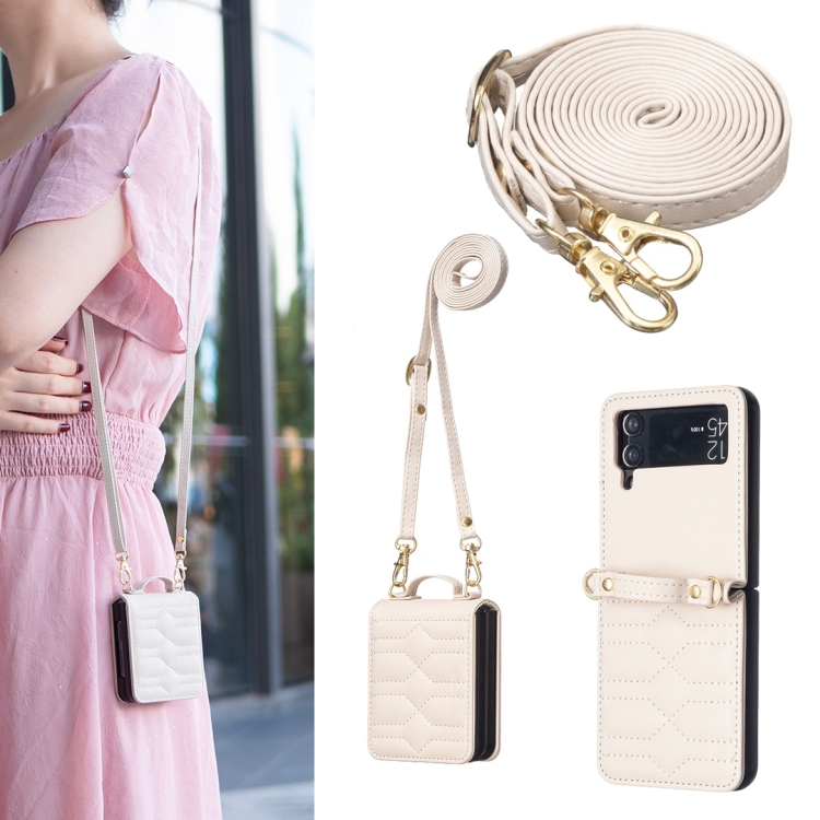 

For Samsung Galaxy Z Flip3 V-shaped Crossbody Lanyard Leather Phone Case(Beige)