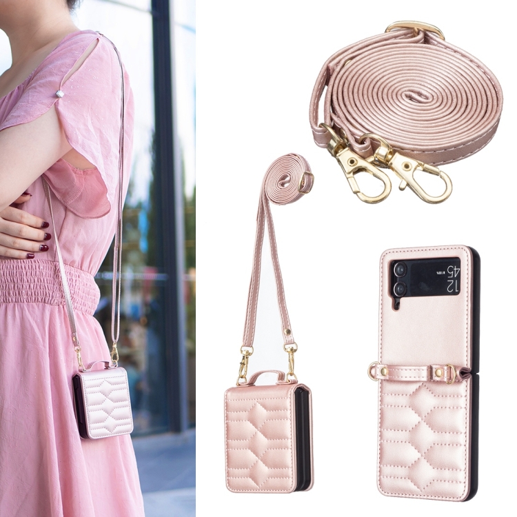 

For Samsung Galaxy Z Flip3 V-shaped Crossbody Lanyard Leather Phone Case(Rose Gold)