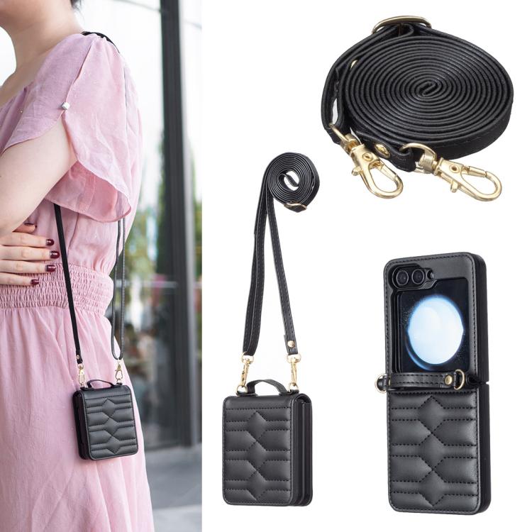 

For Samsung Galaxy Z Flip7 V-shaped Crossbody Lanyard Leather Phone Case(Black)