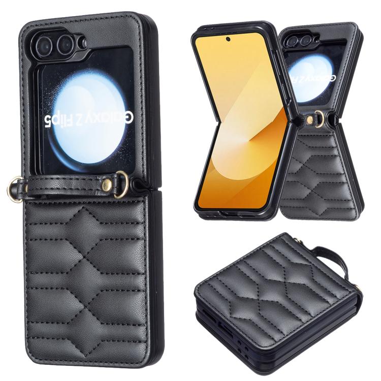For Galaxy Z Flip8 5G V-shaped Crossbody Lanyard Leather Phone Case(Black)
