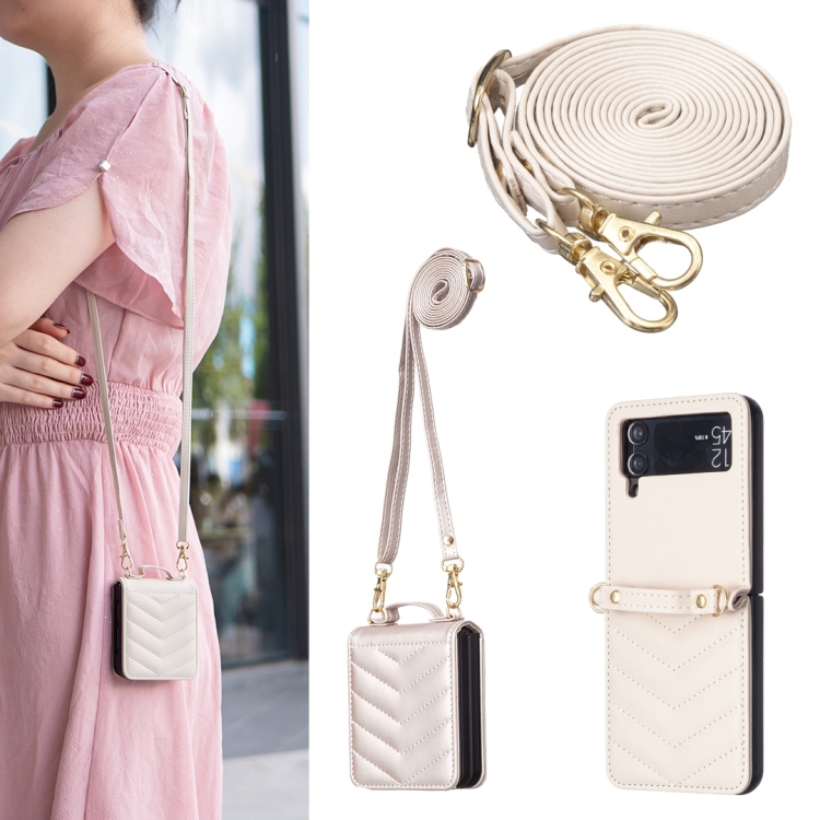 For Samsung Galaxy Z Flip3 Wave-shaped Crossbody Lanyard Leather Phone Case(Beige)