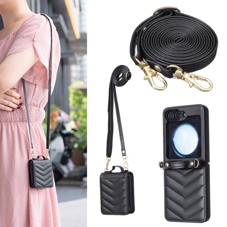 

For Samsung Galaxy Z Flip7 Wave-shaped Crossbody Lanyard Leather Phone Case(Black)