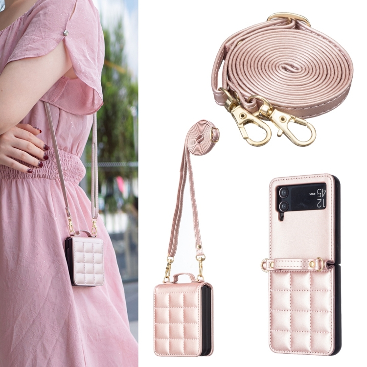 

For Samsung Galaxy Z Flip4 Square-shaped Crossbody Lanyard Leather Phone Case(Rose Gold)