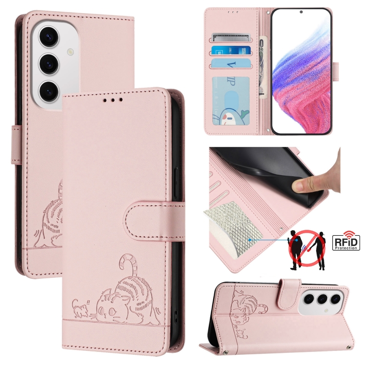 

For Samsung Galaxy S24 FE 5G Cat Rat Embossed Pattern RFID Leather Phone Case with Lanyard(Pink)