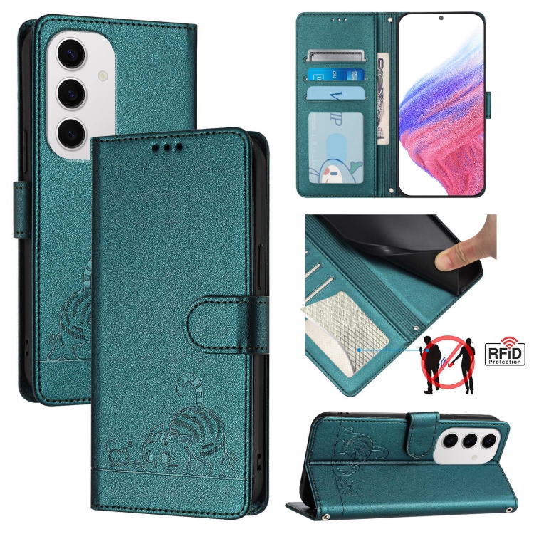 

For Samsung Galaxy S24 FE 5G Cat Rat Embossed Pattern RFID Leather Phone Case with Lanyard(Peacock Green)
