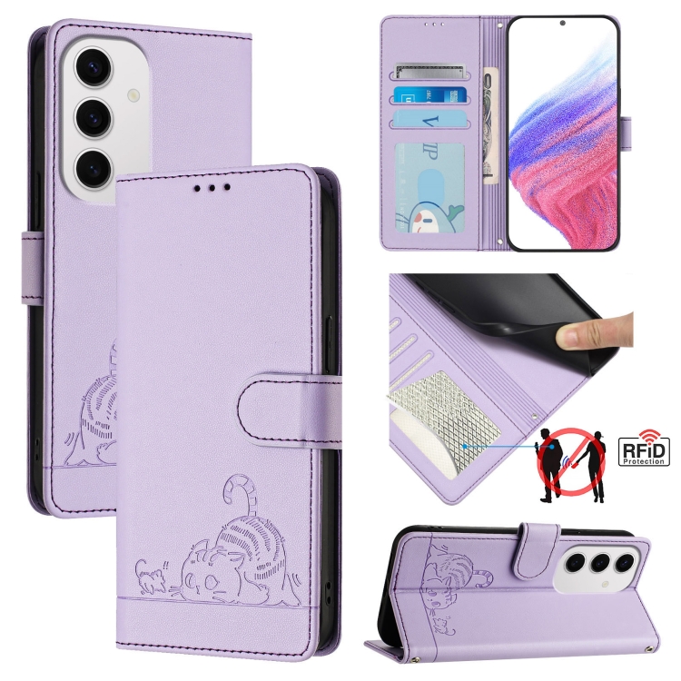 

For Samsung Galaxy S24 FE 5G Cat Rat Embossed Pattern RFID Leather Phone Case with Lanyard(Purple)