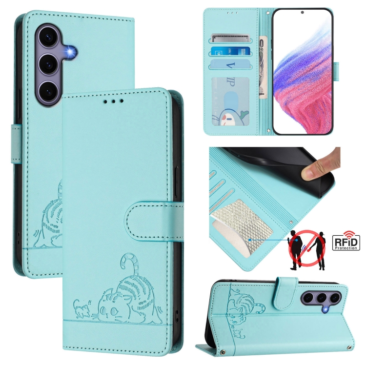 

For Samsung Galaxy S25 5G Cat Rat Embossed Pattern RFID Leather Phone Case with Lanyard(Mint Green)