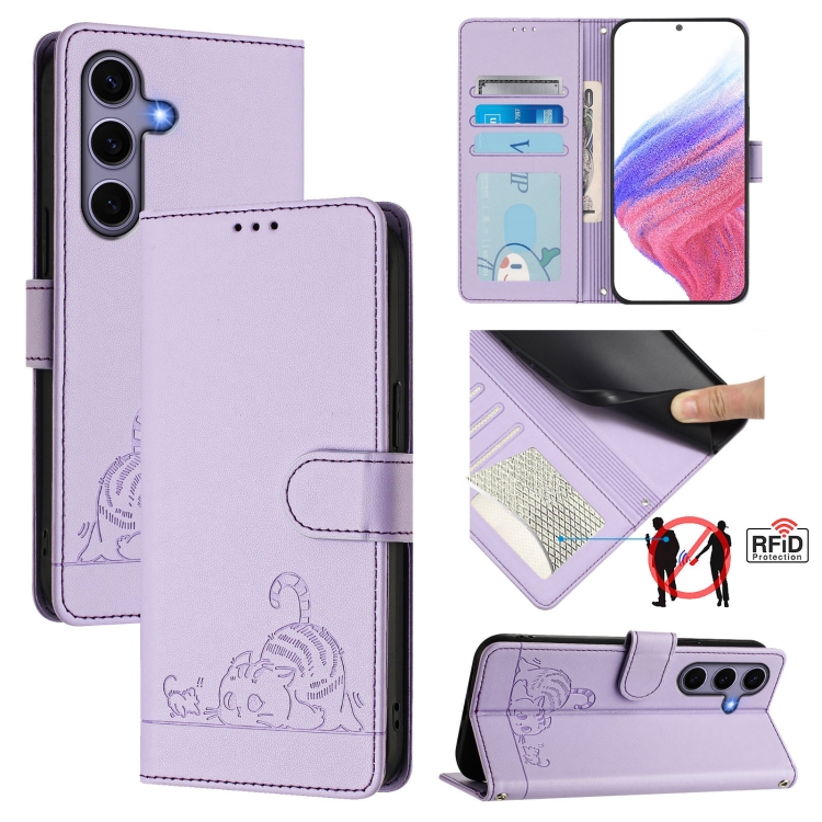 

For Samsung Galaxy S25 5G Cat Rat Embossed Pattern RFID Leather Phone Case with Lanyard(Purple)