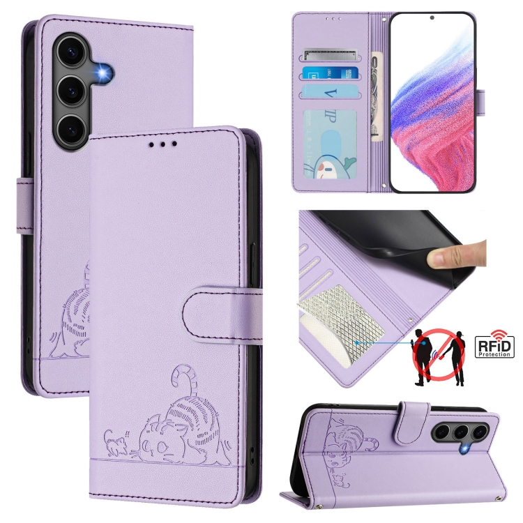 

For Samsung Galaxy S25+ 5G Cat Rat Embossed Pattern RFID Leather Phone Case with Lanyard(Purple)