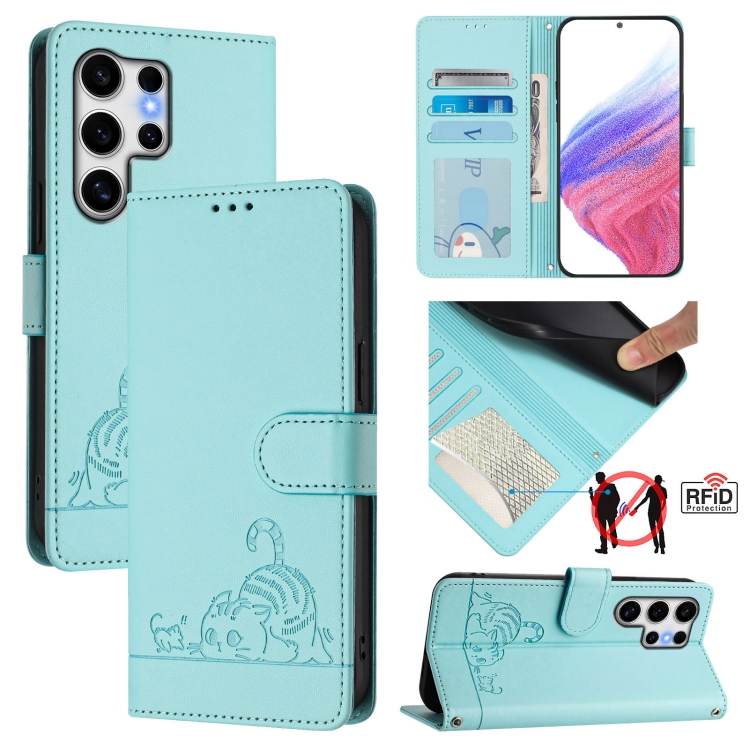 

For Samsung Galaxy S25 Ultra 5G Cat Rat Embossed Pattern RFID Leather Phone Case with Lanyard(Mint Green)