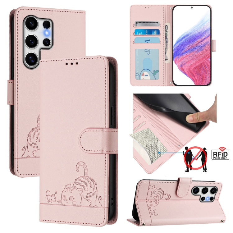 

For Samsung Galaxy S25 Ultra 5G Cat Rat Embossed Pattern RFID Leather Phone Case with Lanyard(Pink)